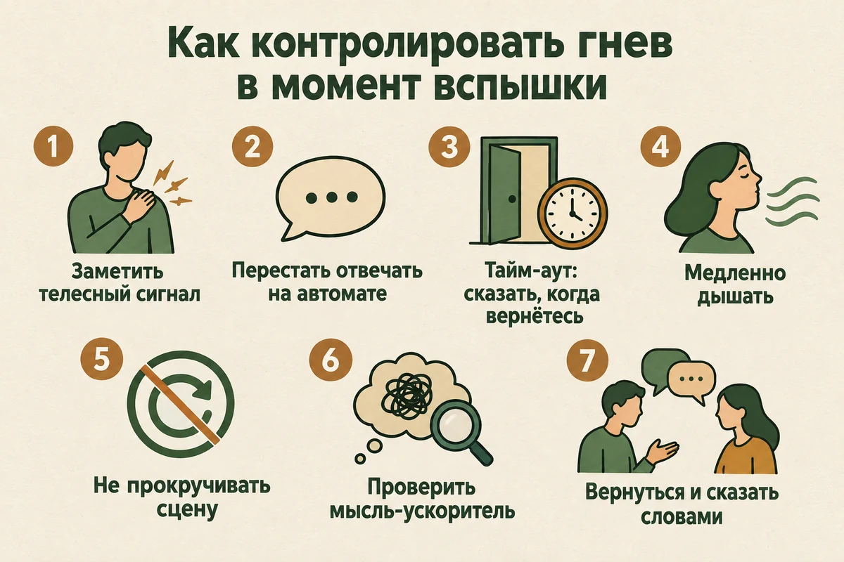 Что делать в момент вспышки: поймать телесный сигнал, замолчать, взять тайм-аут, замедлить дыхание, не прокручивать сцену, проверить мысль, вернуться и сказать словами