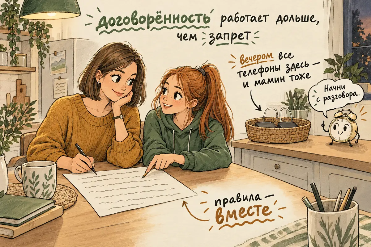 Зависимость от телефона у детей и подростков: мама с дочерью вместе пишут семейные правила, а вечером все телефоны заряжаются в общей корзинке
