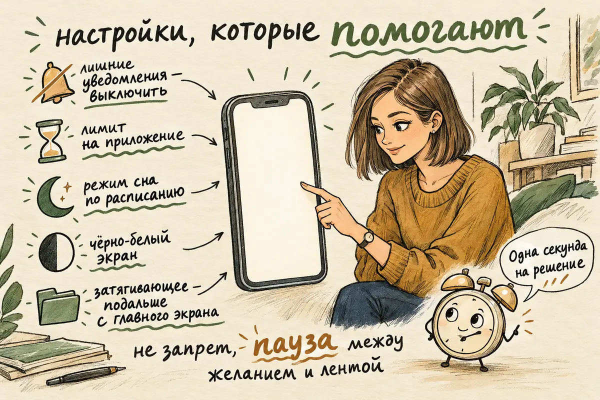 Настройки телефона против зависимости: отключить уведомления, лимиты приложений, режим сна, чёрно-белый экран, приложения подальше от главного экрана