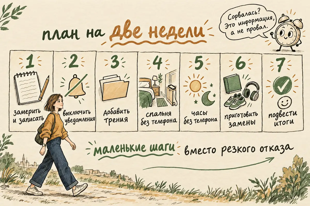 Как избавиться от зависимости от телефона: план на две недели — замер, уведомления, трение, места и часы без телефона, замены, итоги