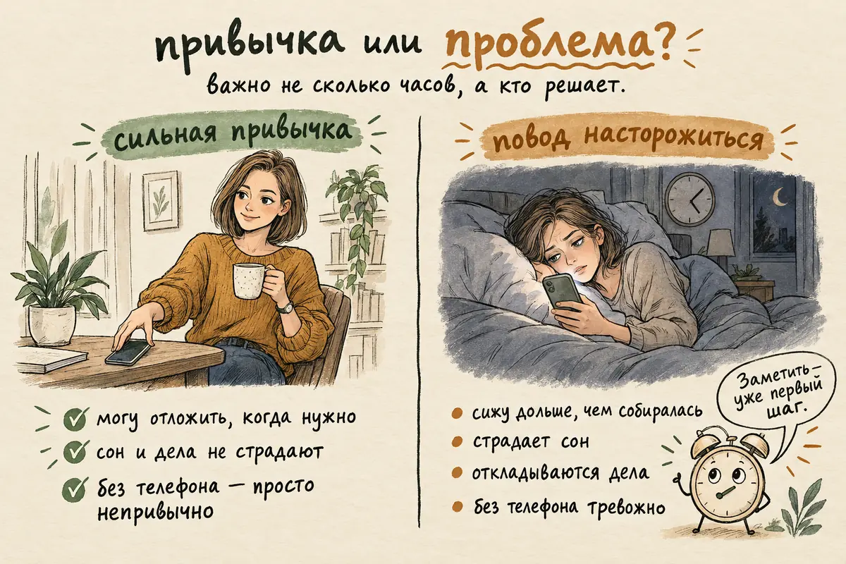 Привычка или зависимость от телефона: признаки потери контроля — дольше, чем собирался, страдает сон, откладываются дела, тревога без телефона