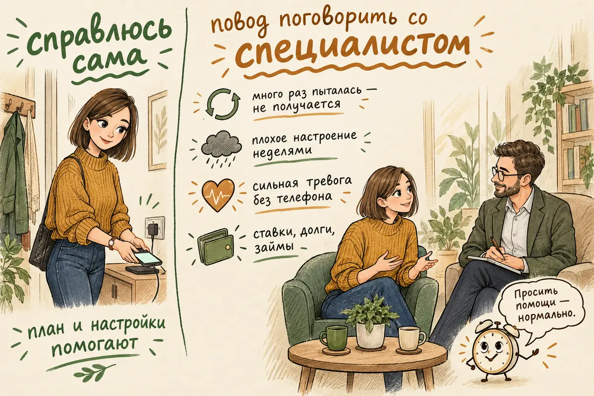 Когда зависимость от телефона — повод обратиться к специалисту: не получается сократить, сильная тревога без телефона, плохое настроение неделями, ставки и долги