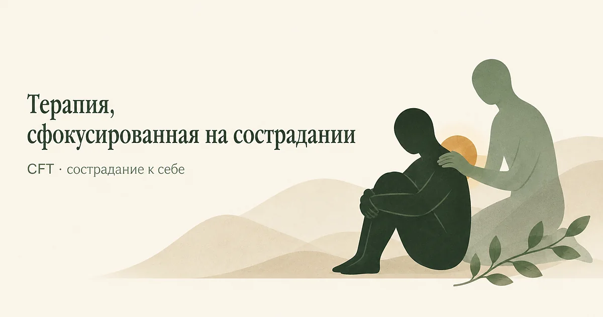 Терапия, сфокусированная на сострадании: человек сидит, обхватив колени, а его же светлая фигура кладёт ему руку на плечо
